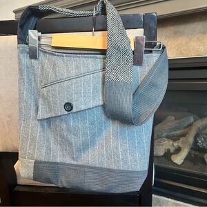 Women’s Homemade Gray Pinstripe Tote Bag Made From Men’s Suit Pieces POCKETS O/S